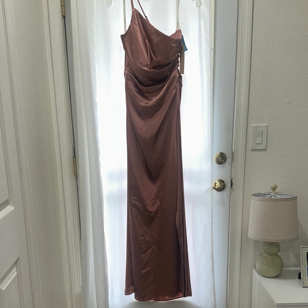 David’s Bridal Elegant Women's Satin Dress in Rose/Desert